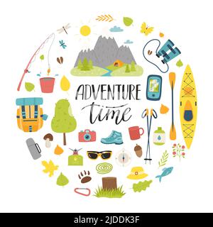 Eine Reihe von touristischen Ausrüstung für Camping, Reisen, Picknick, Angeln. Schriftzug Adventure Time. Runde Komposition als Druck auf Kleidung, Postkarten, Web. Stock Vektor