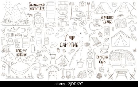 Doodle Sammlung von Elementen für Camping, Reisen, Wandern, Outdoor-Erholung, Picknick. Grafische Objekte für Scrapbooking, Poster, Banner, Aufkleber Stock Vektor