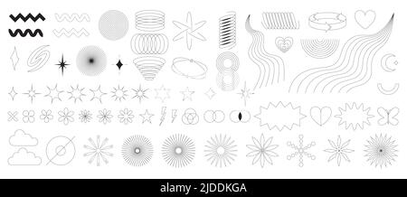Eine Reihe abstrakter, geometrischer Designelemente im stil von Y2K. Moderne grafische Formen, Sterne, Bling, Glitzer, Silhouetten, brutalismus Formen. Trendiger M Stock Vektor