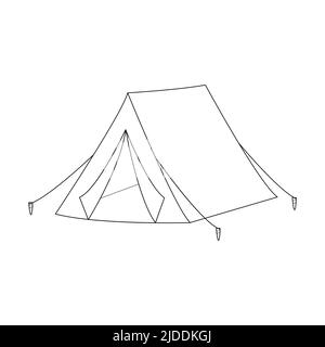 Doodle Camping Zelt. Ausrüstung für Picknicks, Outdoor-Erholung, Reisen, Wandern. Skizzieren Sie die schwarz-weiße Vektorgrafik isoliert auf einem weißen Backgr Stock Vektor