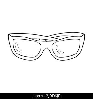 Doodle Sonnenbrille mit gelben Rahmen. Sommerliches persönliches Accessoire. Gefaltete Sonnenbrille. Ausrüstung für Wandern, Tourismus, Reisen. Umriss schwarz-weiß vec Stock Vektor