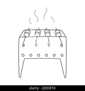 Doodle Barbecue mit Kebabs auf Spieße. Gegrilltes Fleisch auf Kohlen. Essen gekocht bei einem Picknick, Camping, Wandern, Reisen. Kaukasische Küche. Umriss schwarz w Stock Vektor