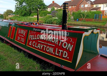 Hawk 70 traditionelles britisches Schmalschiff, Fellows Morton Clayton, in Stockton Heath, Warrington, Cheshire, ENGLAND, GROSSBRITANNIEN, WA4 5BG Stockfoto