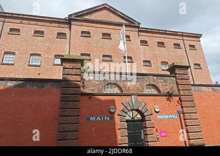 Liverpools Old Main Eingang des Bridewell Gefängnisses, 1859, geschlossen 1999, jetzt Studentenwohnungen, Cheapside, Liverpool, Merseyside, England, Vereinigtes Königreich, L2 2DH Stockfoto