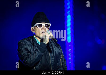 Lissabon, Portugal, 19.. Juni 2022. Zweiter Tag des Rock in Rio Lisboa Festivals im Bela Vista Park. Die amerikanische Hip-Hop-Band Black Eyed Peas während der Performance © ABEL F. ROS/Alamy Live News Stockfoto