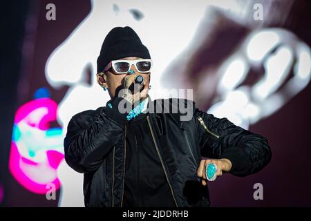 Lissabon, Portugal, 19.. Juni 2022. Zweiter Tag des Rock in Rio Lisboa Festivals im Bela Vista Park. Die amerikanische Hip-Hop-Band Black Eyed Peas während der Performance © ABEL F. ROS/Alamy Live News Stockfoto