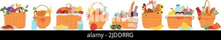 Picknickkorb. Cartoon Körbe Sammlung, Korb mit Wein Käse Fleisch und Obst. Sommer Outdoor Rest Elemente, Abendessen oder Mittagessen in der Natur dezent Stock Vektor