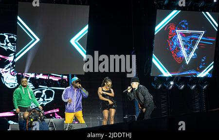 Lissabon, Portugal, 19.. Juni 2022. Zweiter Tag des Rock in Rio Lisboa Festivals im Bela Vista Park. Die amerikanische Hip-Hop-Band Black Eyed Peas während der Performance © ABEL F. ROS/Alamy Live News Stockfoto