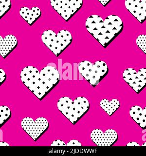 Mit Herz strukturiertem Polka-Punkt und Sternen. Nahtloses Muster im Pop-Art-Stil. Dekorative Herzen auf pinkem, romantischem Retro-Vektor-Print Stock Vektor