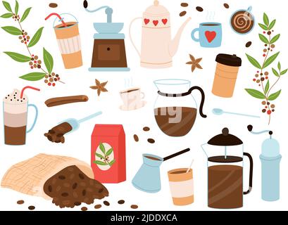 Niedliche Kaffeeelemente. Espresso, Cappuccino-Aufkleber. Morgens heiße Getränke, Tassen und Kaffeemaschine. Schwarze Bohnen in der Tasche, Café Bäckerei Kunstobjekte anständig Stock Vektor