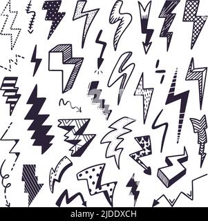 Skizzieren Sie den Blitz. Donner Doodle, Schrauben Strom kritzelte Elemente. Isoliertes Licht oder Geschwindigkeit taufelt Grafikdesign. Gefahrensymbol neoterischer Vektor Stock Vektor