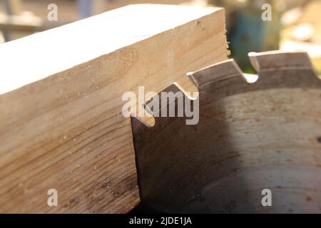 Ein Stück Holz liegt am Sägeblatt einer Kreissäge an Stockfoto
