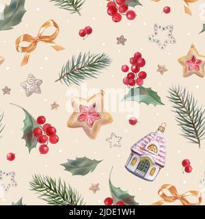 Neujahr Muster mit Tannenzweigen und weihnachtsschmuck, Aquarell Illustration Stockfoto