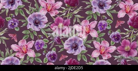 Blumenmuster mit Orchidee, Anemone, Hellebore und Stiefmütterchen. Aquarell-Illustrationen Stockfoto