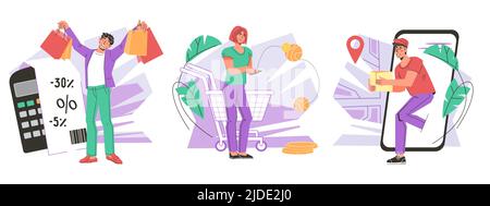 Online-Shopping-Banner-Set mit Lieferung und Bestellung im Online-Shop, flache Vektorgrafik isoliert auf weißem Hintergrund. Online-Käufe Stock Vektor