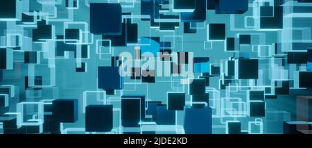 Abstrakte Technologie und Wissenschaft polygonaler Raum Poly Hintergrund futuristische Gitter und Quadrate Deep Blue Green Banner 3D Rendering Stockfoto