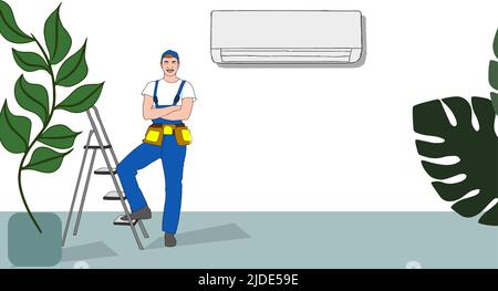 Service für die Reparatur und Wartung von Klimaanlagen. Vektorgrafik in einem flachen Stil Stock Vektor
