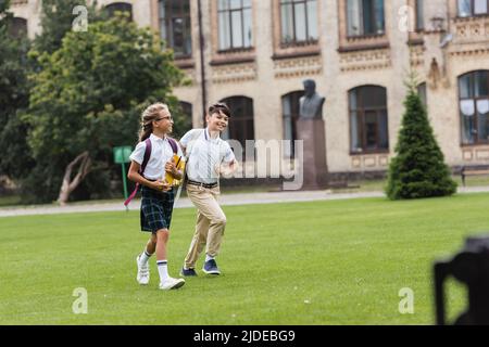 Positive interracial Klassenkameraden mit Notebooks zu Fuß auf Gras im Park Stockfoto