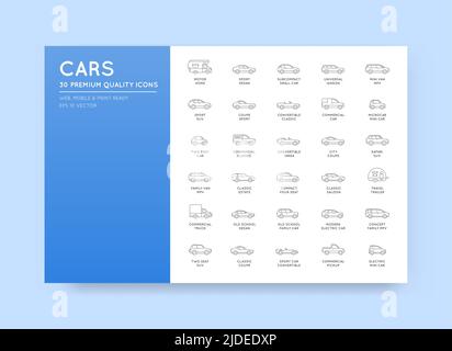 Vector Car Icons mit allen Autotypen und Namen gesetzt Stock Vektor