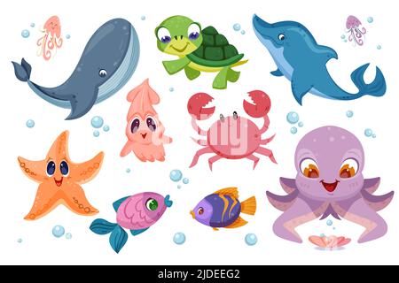 Niedliche Meerestiere und verschiedene Fische. Unterwasserwelt mit lustigen Figuren wie Krake, Schildkröte, Seesterne, Tintenfisch und Krabbe. Glücklicher Wal und Delfin. Aquatische Kreaturen setzen flache Vektor-Illustration. Stock Vektor