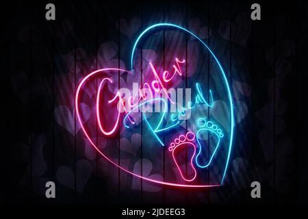 Gender Reveal Pink and Blue Neon Zeichen auf einem dunklen Herz verziert Holzwand 3D Illustration. Stockfoto