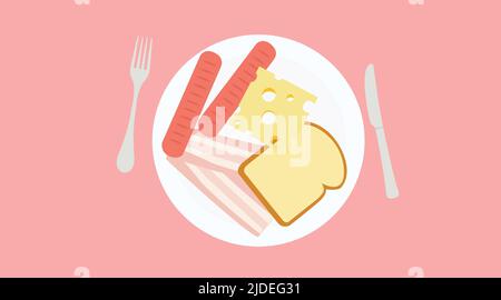 Food Vector Illustration mit Käse, Wurst, Speck, Brot, Teller, Gabel und Messer Stock Vektor