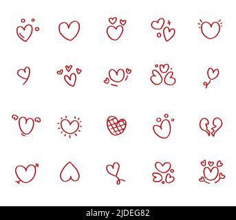 Satz von roten handgezeichneten herzförmigen Symbolen. Sammlung von Vektor-valentines, Liebe. Stock Vektor