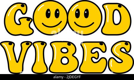 Schmelzendes Lächeln im Vintage-Stil. Retro Psychedelic Melt Smile Face Logo. Tropfendes Lächeln. Gut gelaunt. Positiver Emoji-Aufkleber. Vector groovy Emoji Gesicht. Gesichtssymbol. Stock Vektor