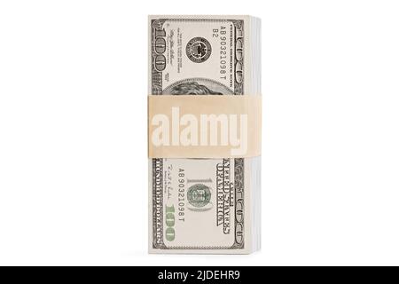 Vertikaler Stapel von 100-Dollar-Scheinen, gesichert mit einem Papierband, das auf weißem Hintergrund isoliert ist Stockfoto