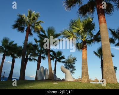 Die Open-Hand-Skulptur von Charo Garcia, die 2015 errichtet und in einen Palmenhain am Strand von Los Boliches, Fuengirola, Malaga, Spanien eingebettet wurde. Stockfoto