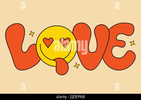 Niedlicher Schriftzug Love im groovigen Stil. Positive Retro-Hand mit verliebt verspieltem Gesicht geschrieben. 60s, 70s, 80s, 90s vibes Schriftzug. Vektorgrafik Stock Vektor