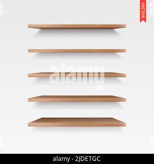 Satz von Holz Regale Vektor isoliert auf der Wand Hintergrund Stock Vektor