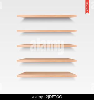 Satz von Holz Regale Vektor isoliert auf der Wand Hintergrund Stock Vektor