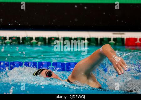 BUDAPEST, UNGARN - 20. JUNI: Die Niederländerin Marrit Steenbergen startet beim Freistil-Halbfinale der Frauen 200m während der FINA-Schwimmweltmeisterschaften in der Duna Arena am 20. Juni 2022 in Budapest, Ungarn (Foto: Nikola Krstic/Orange Picles) Stockfoto