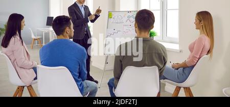 Gruppe von Geschäftsleuten, die das Projekt besprechen und dem Sprecher in der Nähe des Whiteboards im Büro zuhören. Stockfoto