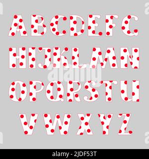 Capital weiß mit roten Polka-Punkt handgezeichnete Buchstaben des englischen Alphabets einfache Cartoon-Stil Vektor-Illustration, kalligraphische abc, nette lustige Handschrift, Doodle und Schriftzug dekoriert Stock Vektor