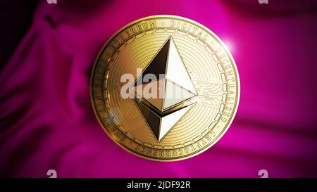 Ethereum-Münze auf dem violetten satinfarbenen Hintergrund. Dezentrales digitales Kryptowährungssymbol. 3D Abbildung. Stockfoto