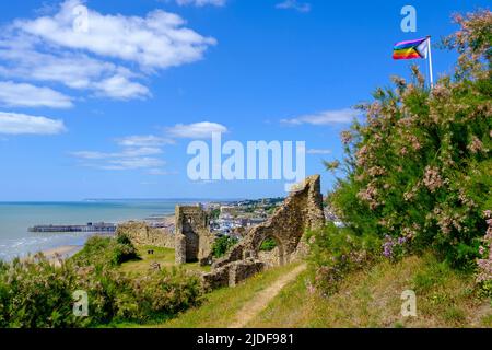 Hastings Castle Ruins, East Sussex, Großbritannien Stockfoto