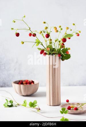 Schönes Bouquet von frischen Walderdbeeren mit roten, grünen Beeren und Blättern in einer Vase, Schalen. Stockfoto