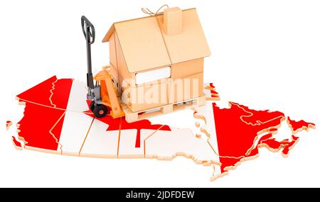 Wohnumzugsdienst in Kanada, Konzept. Hydraulischer Handhubwagen mit Papphaus-Paket auf kanadischer Karte, 3D Rendering isoliert auf weiß Stockfoto