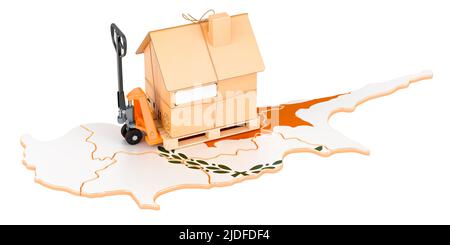 Wohnumzugsdienst in Zypern, Konzept. Hydraulischer Handhubwagen mit Papphaus-Paket auf zypriotischer Karte, 3D Rendering isoliert auf weiß Stockfoto