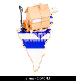 Wohnumzugsdienst in Israel, Konzept. Hydraulischer Handhubwagen mit Papphaus Paket auf israelischer Karte, 3D Rendering isoliert auf weiß Stockfoto