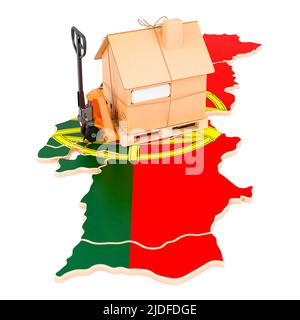 Wohnumzugsdienst in Portugal, Konzept. Hydraulischer Handhubwagen mit Papphaus-Paket auf portugiesischer Karte, 3D Rendering isoliert auf w Stockfoto