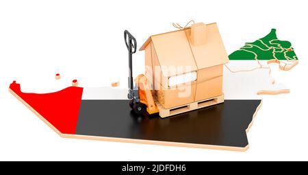 Wohnumzugsdienst in den VAE, Konzept. Hydraulischer Handhubwagen mit Papphaus-Paket auf der Karte der Vereinigten Arabischen Emirate, 3D Rendering Stockfoto