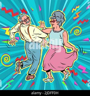 Ältere Paar alten Mann und alte Dame tanzen. Rentner Ruhe. Lebensstil. Musik und Kunst. Pop Art retro Vektor Illustration Kitsch vintage 50s 60s Stil Stock Vektor