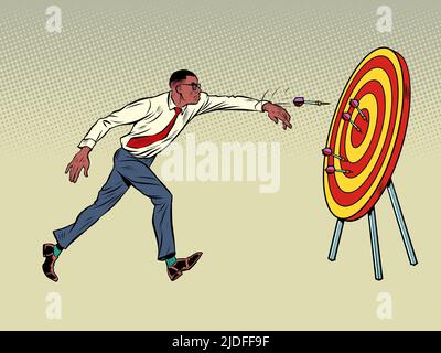 Afrikanischer Geschäftsmann Ziel Dart Ziel Genauigkeit Wettbewerb, Sport Spaß und Erholung. Pop Art retro Vektor Illustration Comic Karikatur 50s 60s sty Stock Vektor