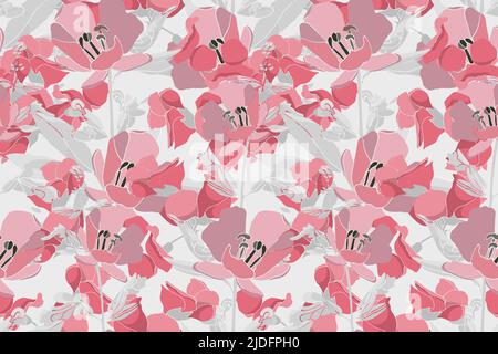 Vektor-Nahtloses Blumenmuster. Rosa Blüten, graue Blätter und Zweige auf hellgrauem Hintergrund. Stock Vektor