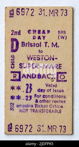 1970s Britisches Zugticket für Bristol nach Weston Super Mare Stockfoto