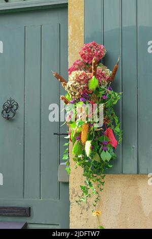 Eine Komposition aus getrockneten Blüten, Hortensien, Efeu, Rohrmais und Beeren, die an einer Vintage-Tür hängen Stockfoto