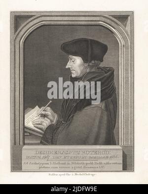 Porträt von Erasmus von Rotterdam, 1466-1536. Desiderius Erasmus Roterodamus, niederländischer Philosoph, Humanist und katholischer Theologe, gilt als einer der größten Gelehrten der nördlichen Renaissance. Desid: Erasmus Roterod: Kupferstich von Bartholomaus Hubner nach einem Porträt von Hans Holbein in Christian von Mechels Werk de Jean Holbein, chec Guillaume Haas, Basel, 1790. Stockfoto